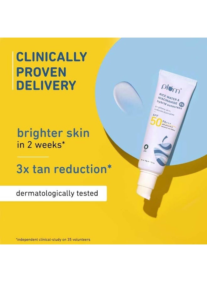 بلوم واقي الشمس البرقوق SPF 50 الوجه مع 2٪ النياسيناميد وماء الأرز الهجين PA+++، يحمي البشرة، لا يلقي الأبيض، يقلل من العيوب، غير دهني، حماية من الأشعة فوق البنفسجية والأشعة فوق البنفسجية، 50 جم - Image 3